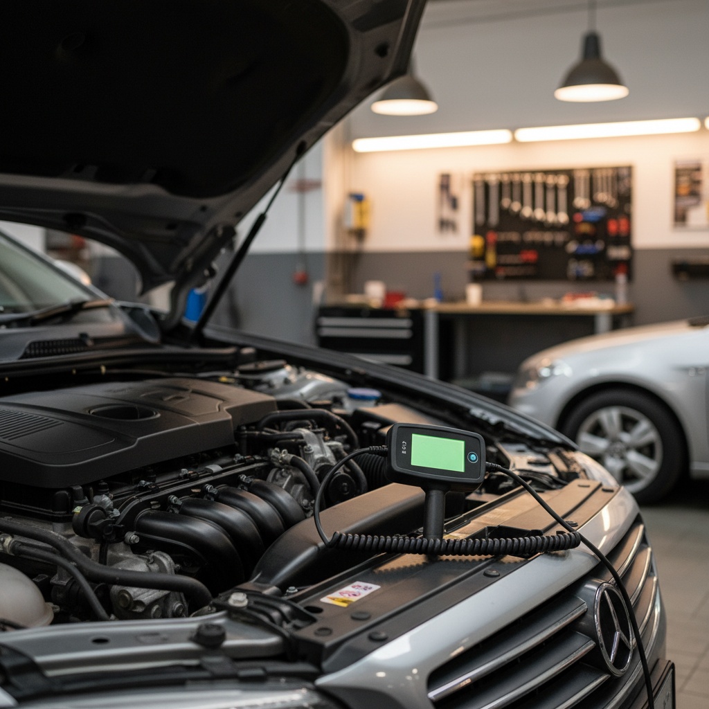 Diagnostic scanner plugged into an engine bay