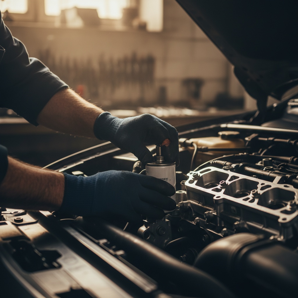 Mechanic fitting a new filter in a clean engine bay