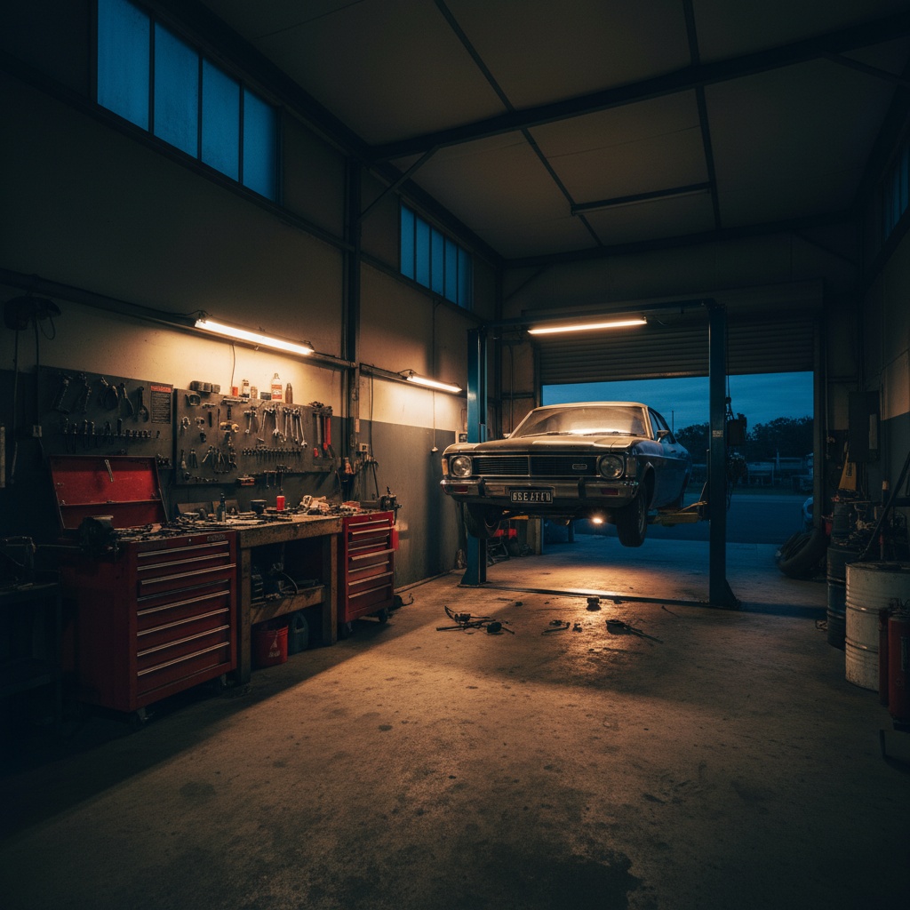 The workshop at dusk with a car on the hoist