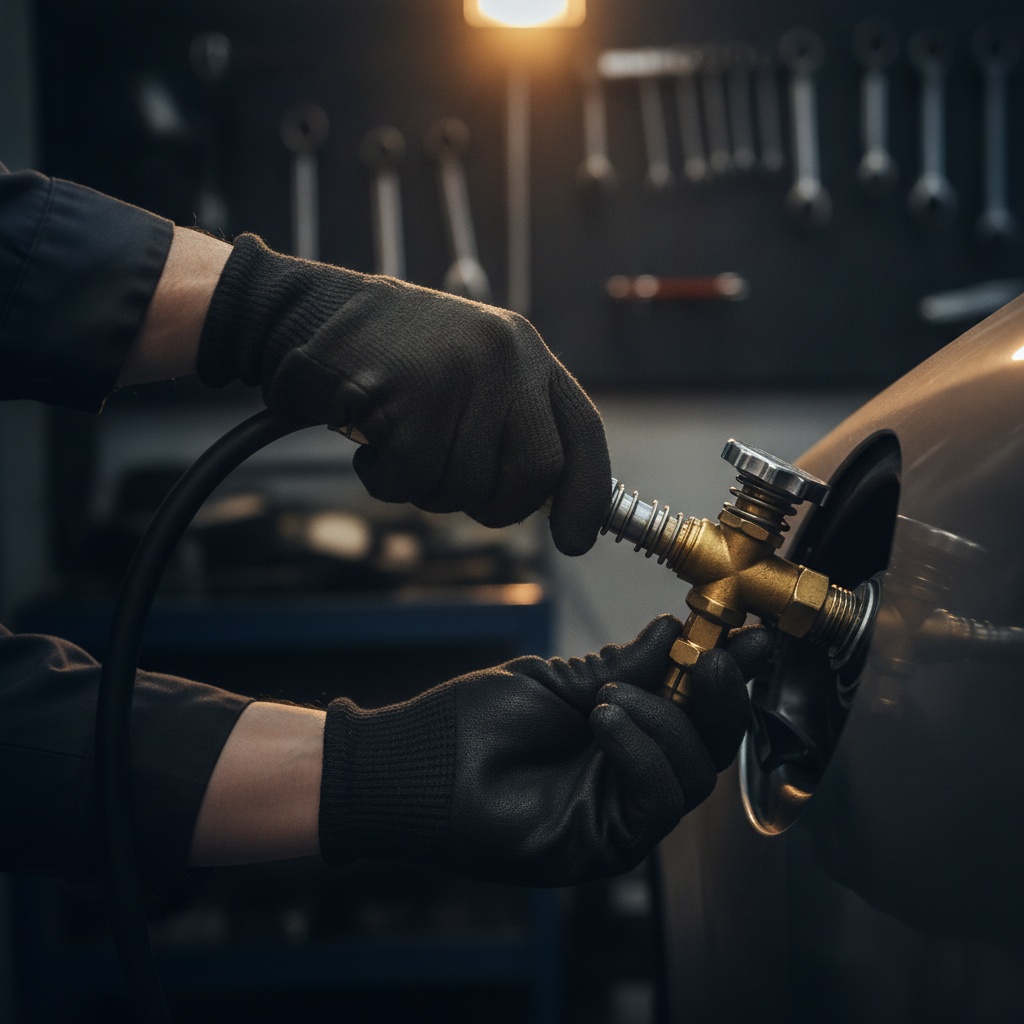 Mechanic working on an LPG autogas filler valve